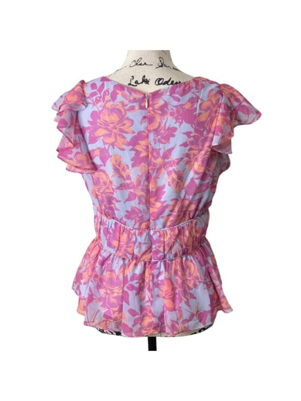 Amanda Uprichard Womens Size M Peplum Top Ruffle-Sleeve Floral Pink Blue Summer - Picture 3 of 7